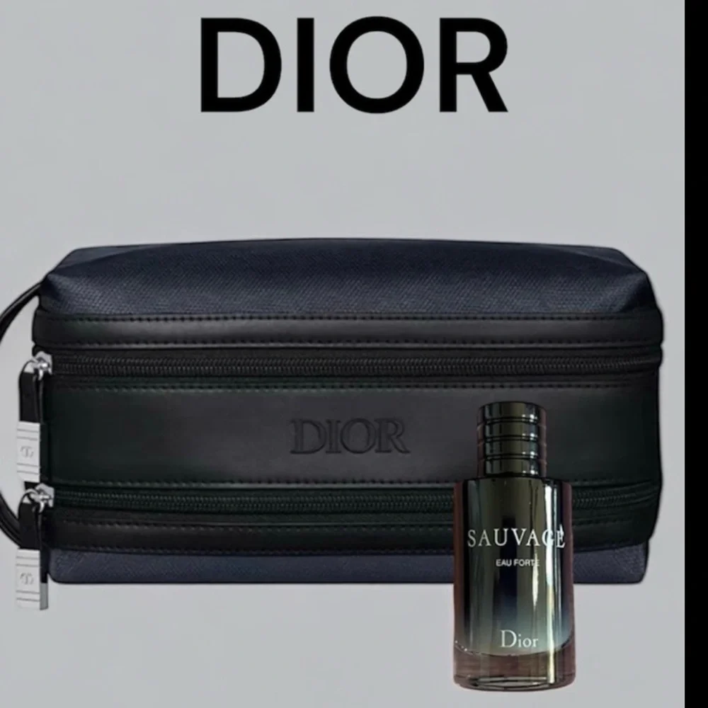 DIOR MEN'S BLUE & BLACK DOUBLE ZIP COSMETIC TROUSSE POUCH TOILETRY BAG SAUVAGE